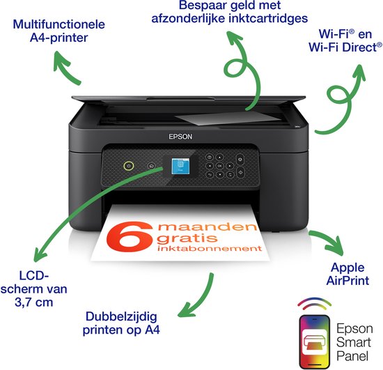 Epson printer met aanduidingen van functies zoals wifi, dubbelzijdig printen en de Epson Smart Panel app.