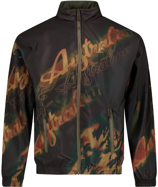 Devant d'une veste noire avec imprimé abstrait rouge-brun, fermeture éclair et logo Australian.