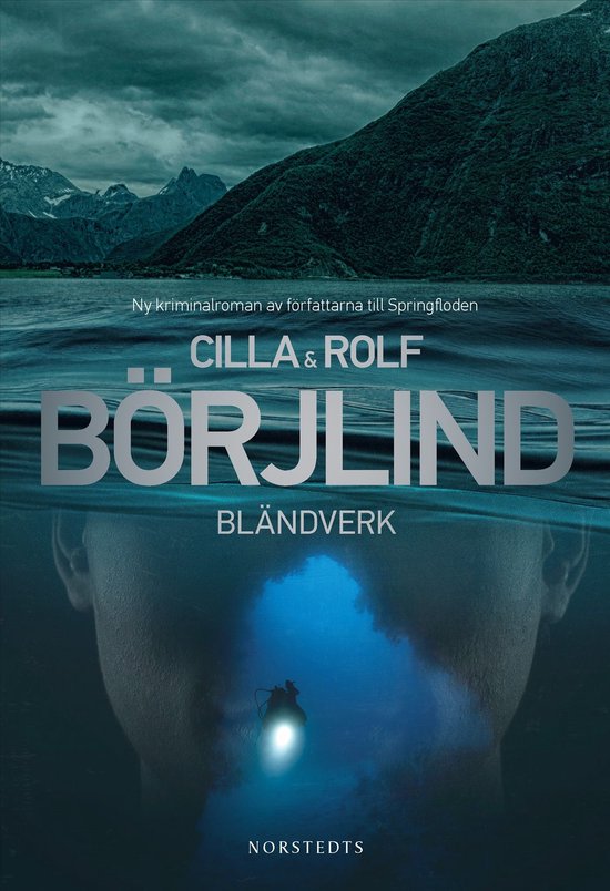 Boekomslag: onderwaterbeeld van een duiker met licht, met daarboven een berglandschap en de titel Bländverk.