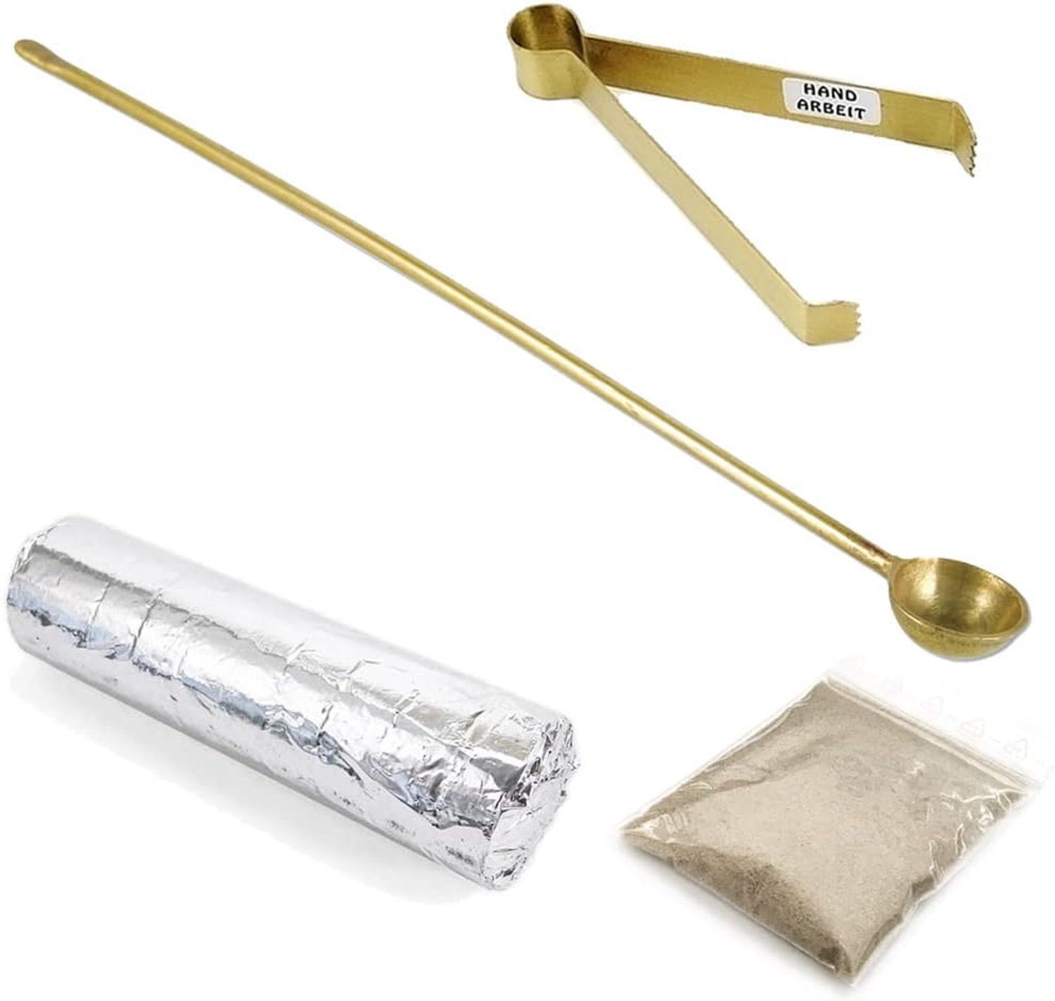 Merkloos Messing Rookware Set: Tang, Lepel, Kooltjes & Zand
