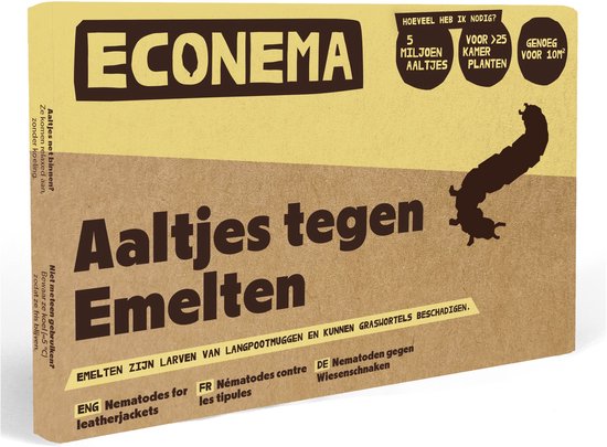 Gele Econema verpakking voor aaltjes tegen emelten, bevat 5 miljoen aaltjes voor 10m2, met afbeelding van een emelt.