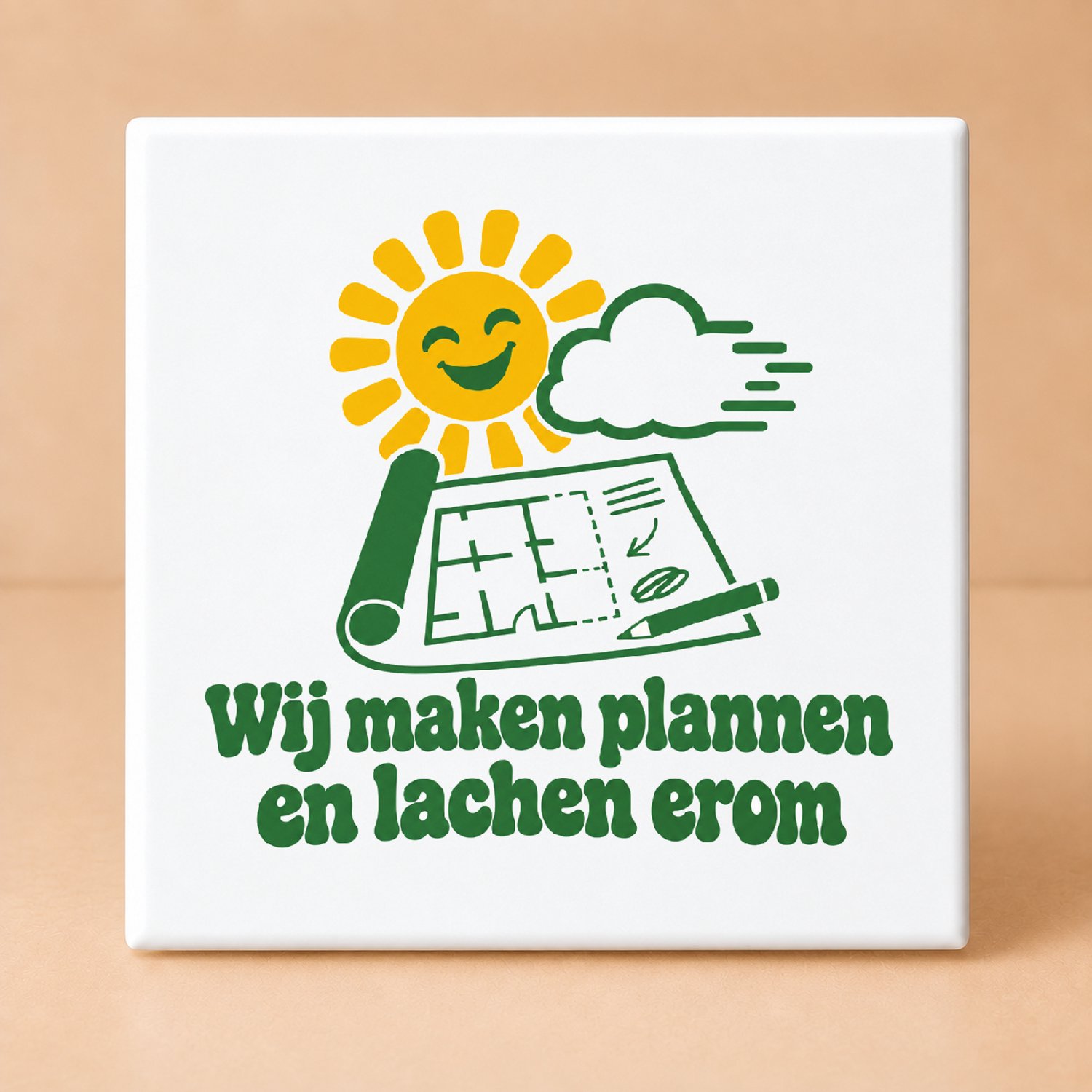 Bedruk King Retro jaren 70 Tegel "Deze familie draait op restjes en goede moed" – Sfeervolle decoratie voor nostalgische gezinnen - 15 x 15 cm Wit