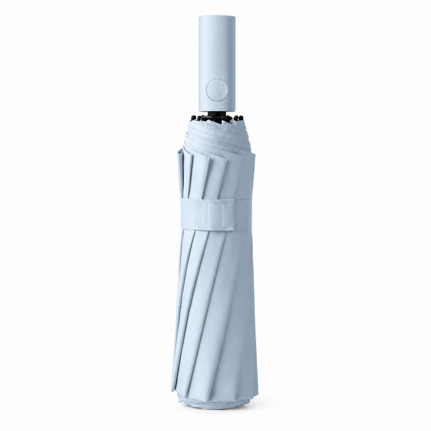Lichtblauwe automatische drievoudig opvouwbare paraplu met zwarte coating en hoes