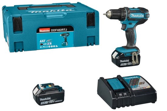 Makita DDF482RTJ accuboormachine met twee 18V 5.0Ah accu's, oplader en blauwe Makita Mbox koffer.