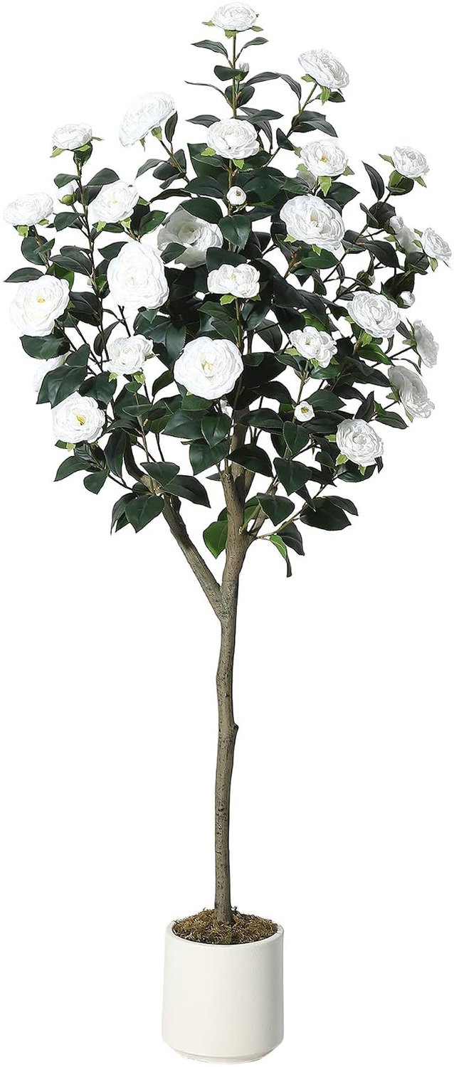 Triumpunpre Kunstcamelia 150 cm Wit, Bloeiende Kunstplant op Stam voor Woonkamer en Kantoor