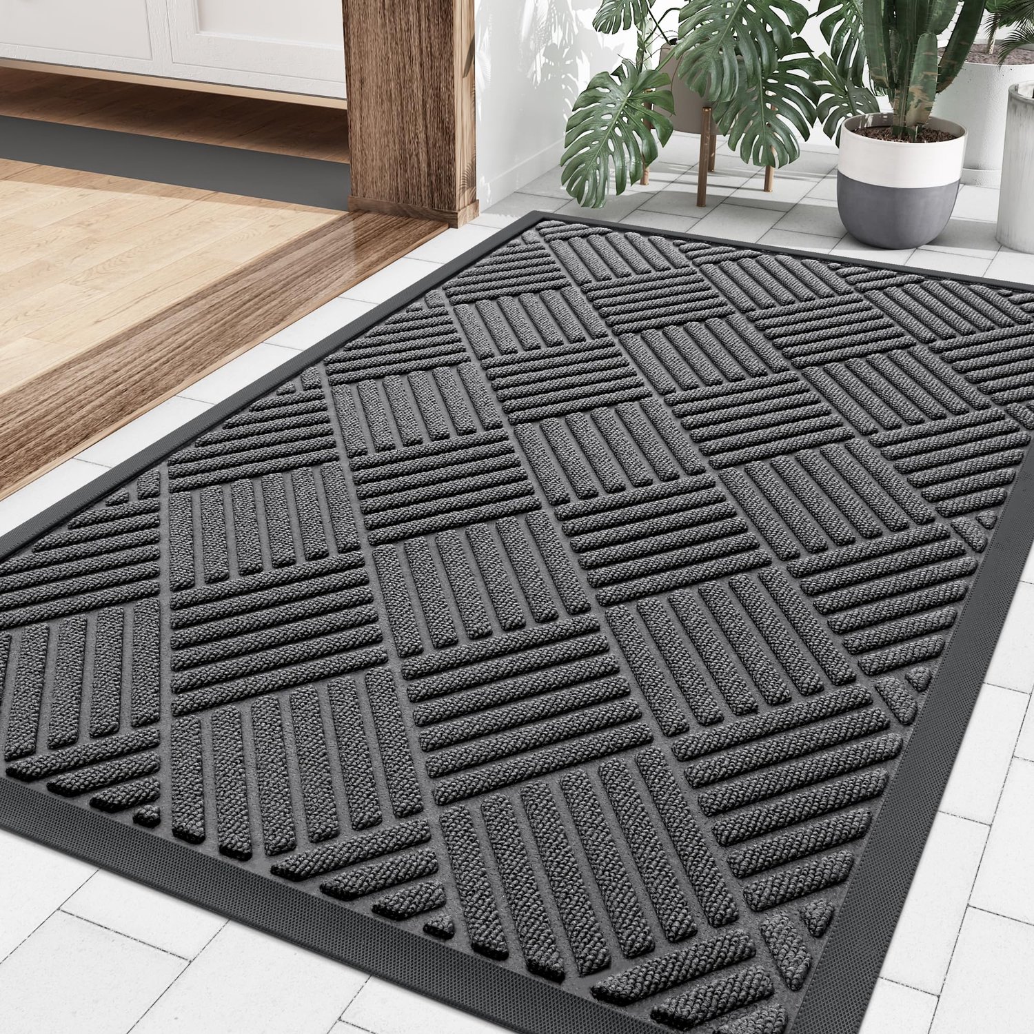 OLANLY Deurmat - Binnen- en buitengebruik natuurlijke rubberen deurmat - Anti-slip en vuilafstotend - 60x120 cm - Grijs Donkerblauw