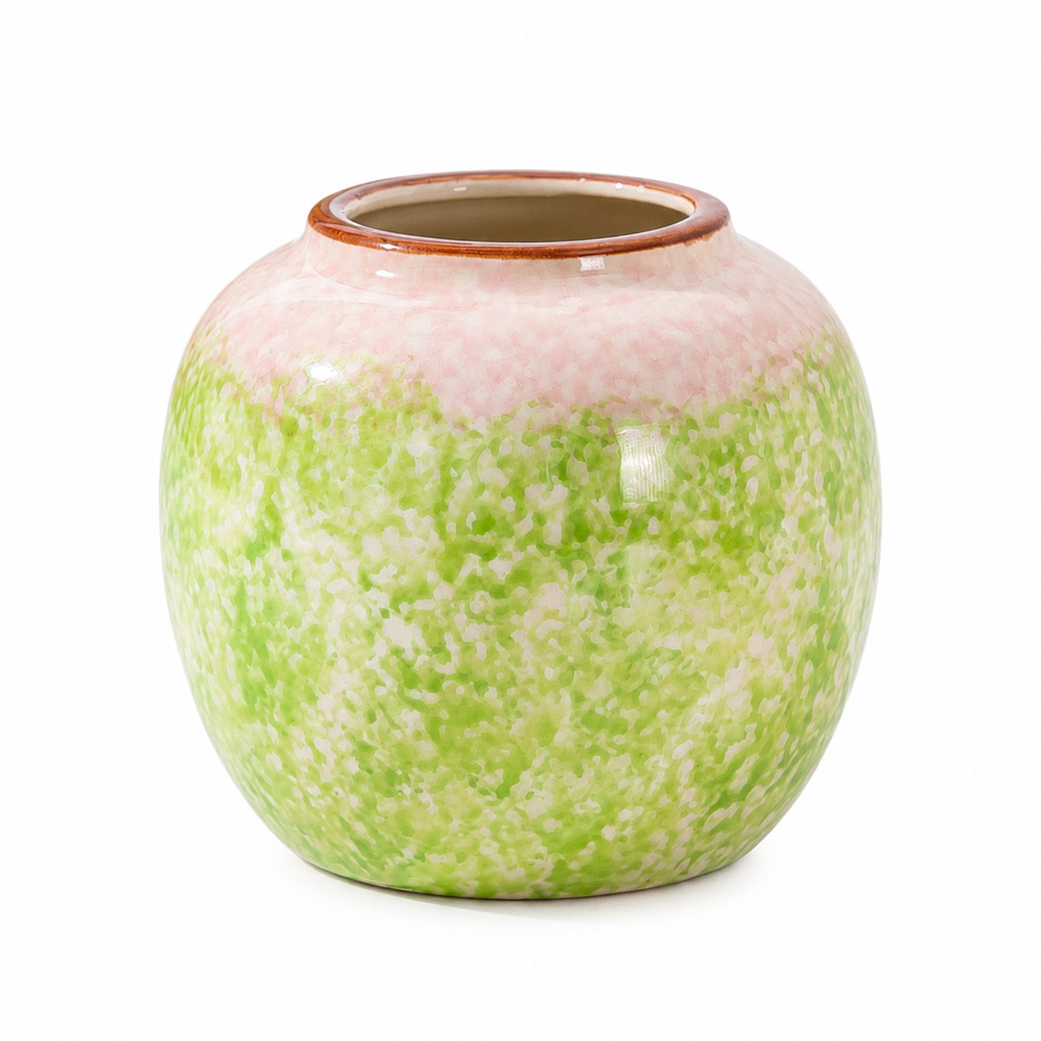 SWGOTA Bolvormige keramische vaas met groen-roze-wit glazuur - 11 cm diameter, 10 cm hoog - voor bloemen en decoratie