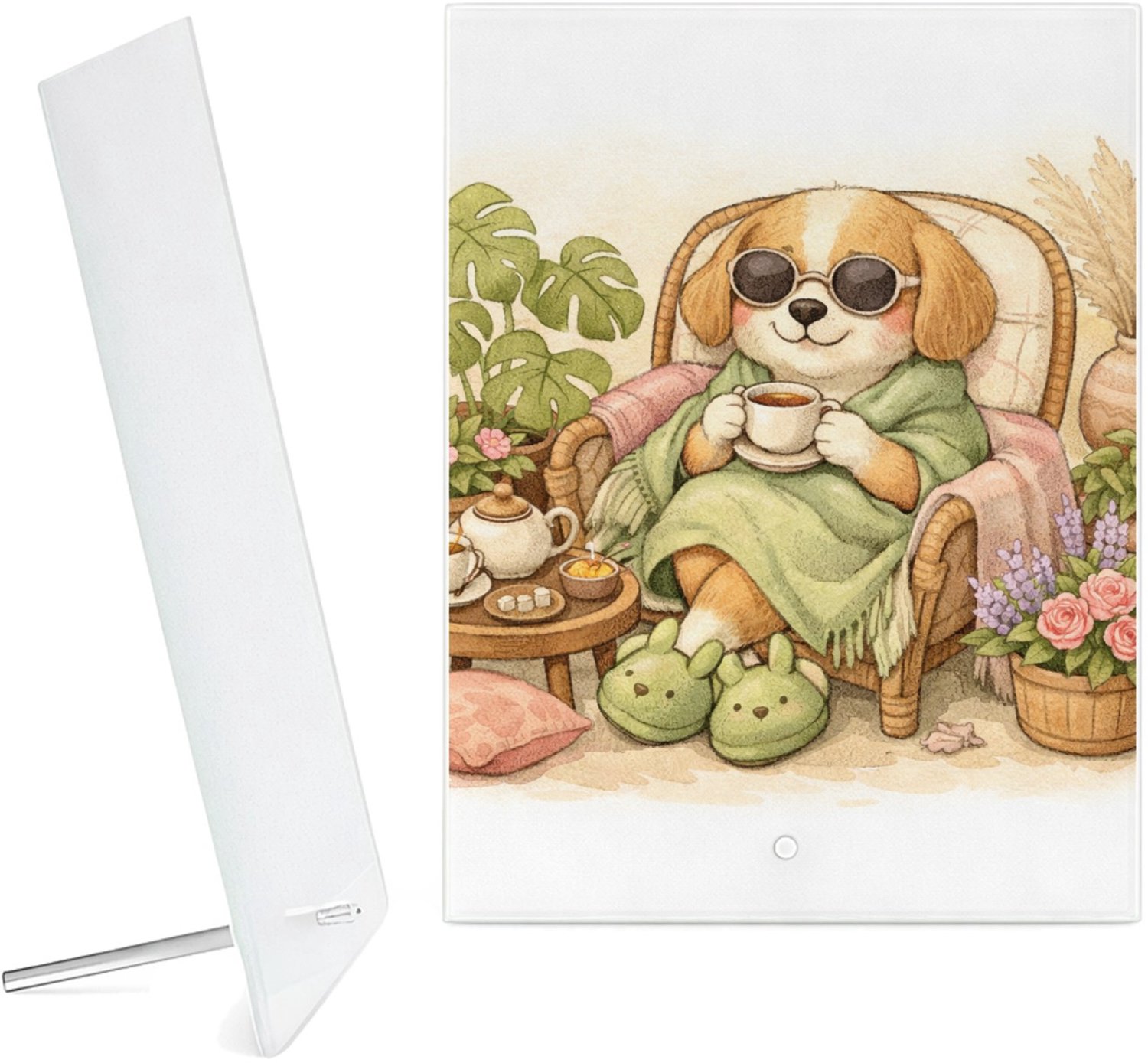 Mr Cadeautjes Glazen fotopaneel Een rustige wellness-scène met een dierlijke hoofdfiguur voo - 15 x 20 cm, staand - glas, decoratie, wanddecoratie | cadeau Wit