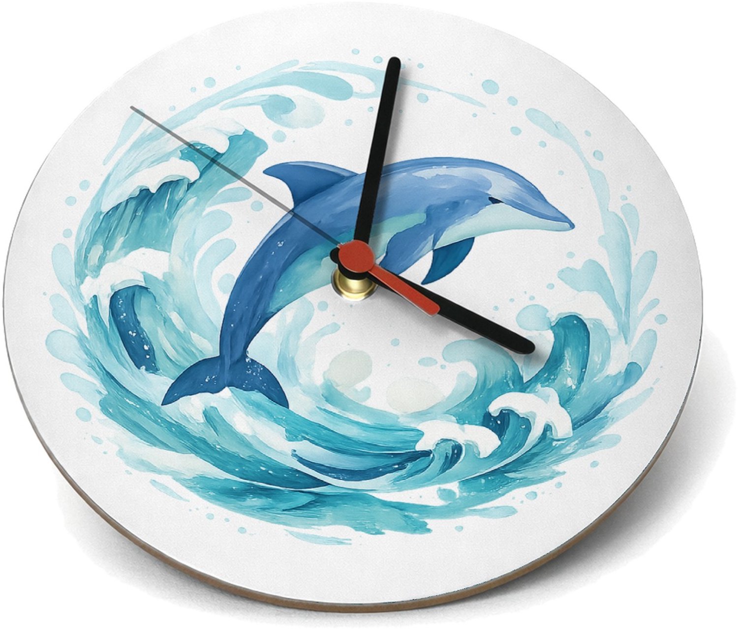 Mr Cadeautjes Klok rond Ø 19 - design Een cirkelvormige waterwerveling rond een springende zeeschi | cadeau Wit