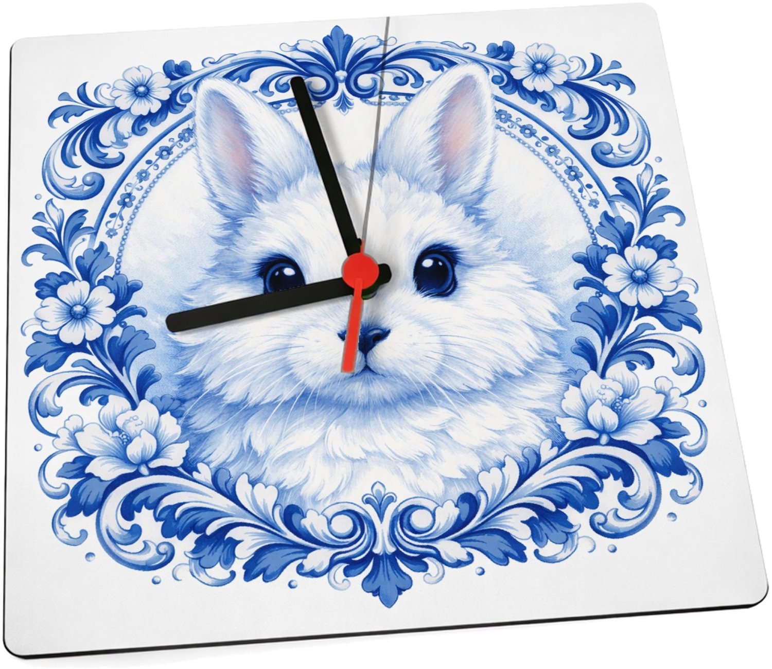 Mr Cadeautjes Klok 19 x 19 - design Een speels konijnportret met een klassieke krans van vintage | cadeau Wit