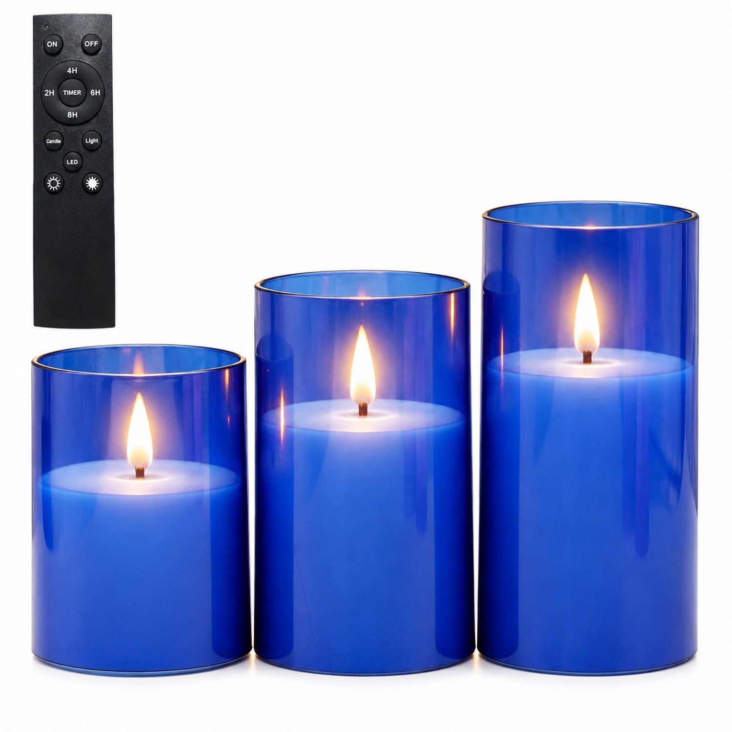SWGOTA led kaarsen blauw, 3 stuks per doos, met grote afstandsbediening en druppelvormige vlam, cilindervormige decoratie voor bruiloften en verjaardagen