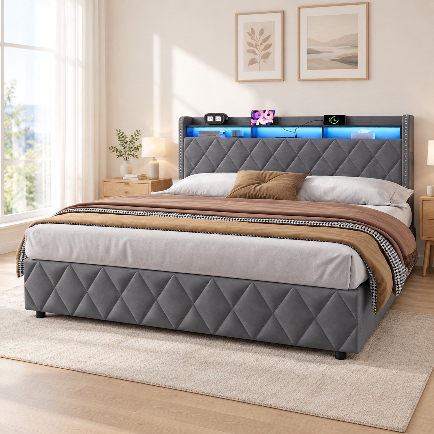 OKWISH Opbergbed 180 x 200 cm – Met USB en Verstelbaar Hoofdbord – Met Ledverlichting – Fluweel, Hout en Metaal – Grijs