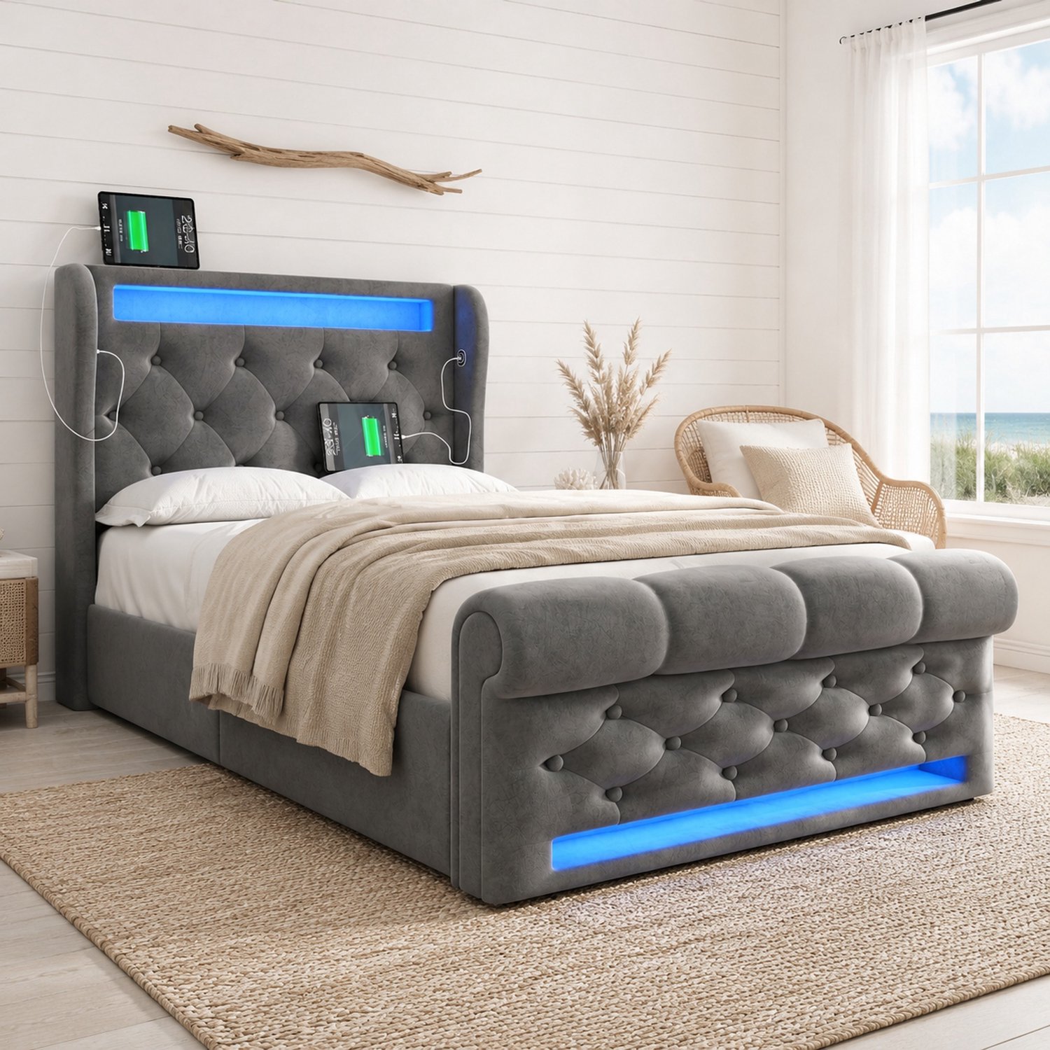 MIVRAY Gestoffeerd Bed 90x200 Cm - Eenpersoonsbed Met Ledverlichting En Usb Oplaadpunt - Hydraulische Opbergruimte - Fluweel - Grijs - Met Matras