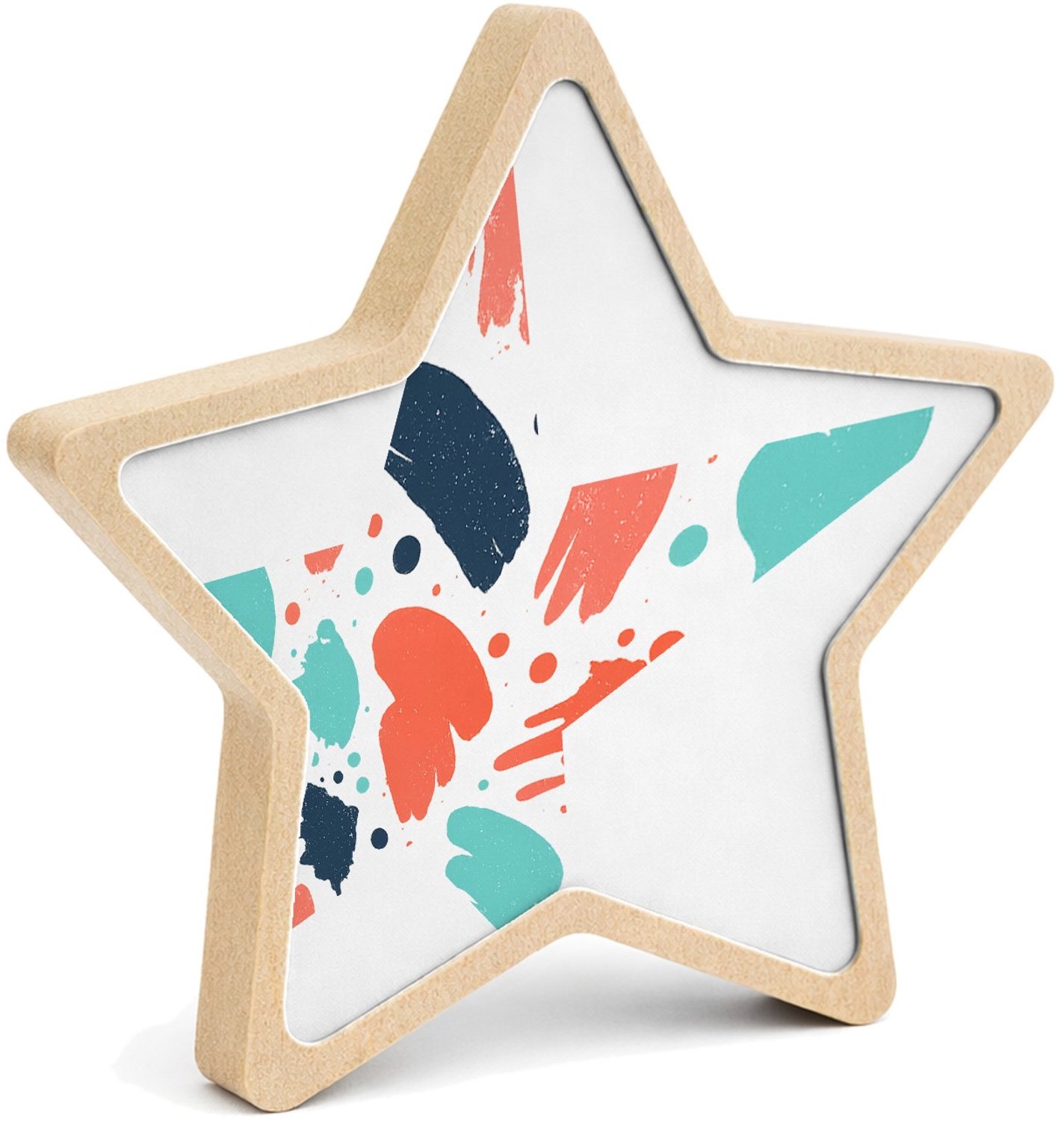 Mr Cadeautjes MDF fotolijst ster 14 x 13,5 - design Energiek botanisch patroon met verfspatten en losse bladeren | cadeau Wit
