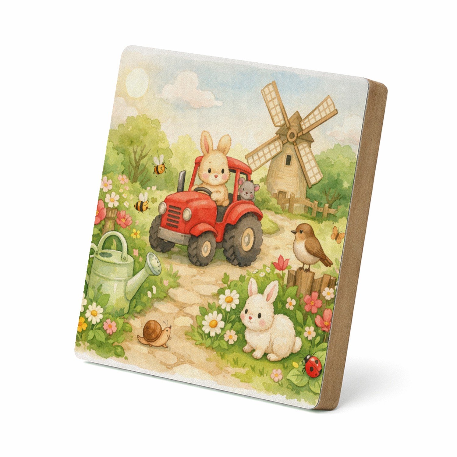 Mr Cadeautjes MDF staande fotolijst 15,2 x 15,2 - design Een vrolijke tuinscène met een gieter, bijen, bloemen en kle | cadeau Wit