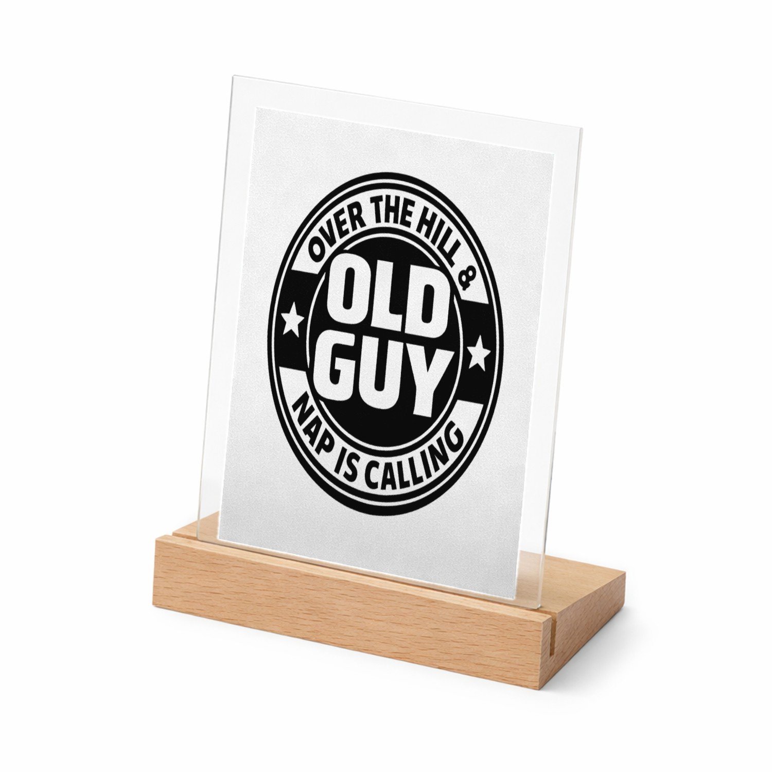 Mr Cadeautjes Glasframe met vaste tekst - design Retro embleem met stoere levensfase-grap | cadeau Wit