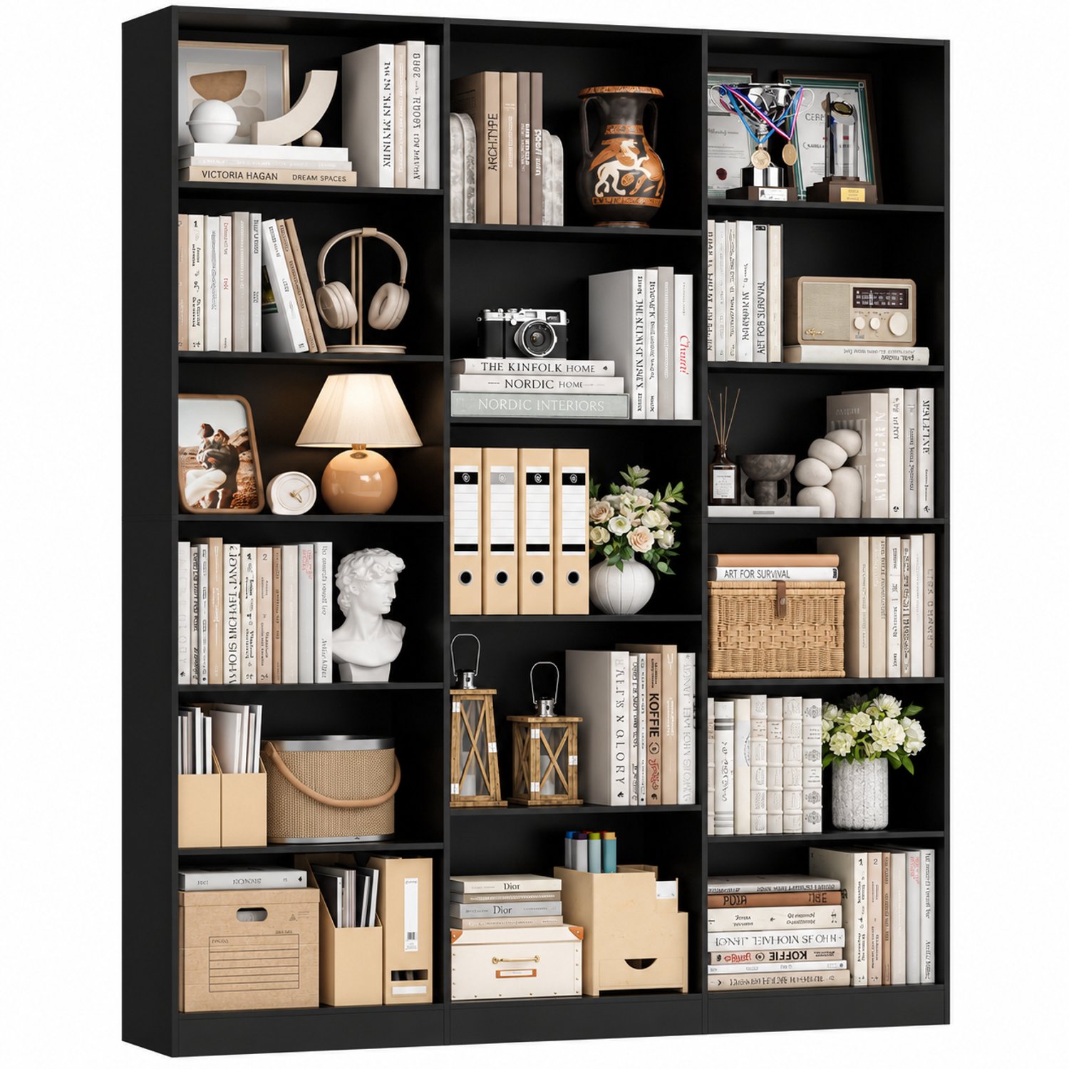 DPLUNIQ Kast - Boekenkast - Opbergkast - Boekenplank - 149x23,5x188cm - 6 Niveaus - 17 Vakken - Modern - 30kg per Vak - Zwart