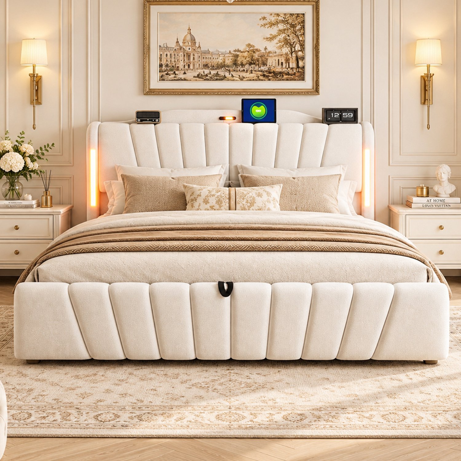 MIVRAY Gestoffeerd Bed 180x200 cm - Bed met Hydraulische Opbergruimte - Ledlicht en Laadpoorten - voor Slaapkamers - Fluweel - Beige - Zonder Matras