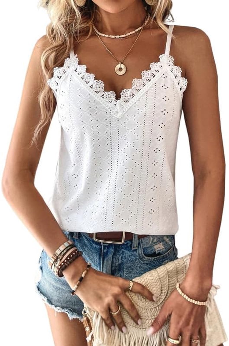 Vest Tops Dames Kanten Rand V-hals Dames Zomertops Tanktops Mouwloze Spaghettibandjes Cami Top Eyelet Borduursel Camisole Losvallende Blouse Shirt
