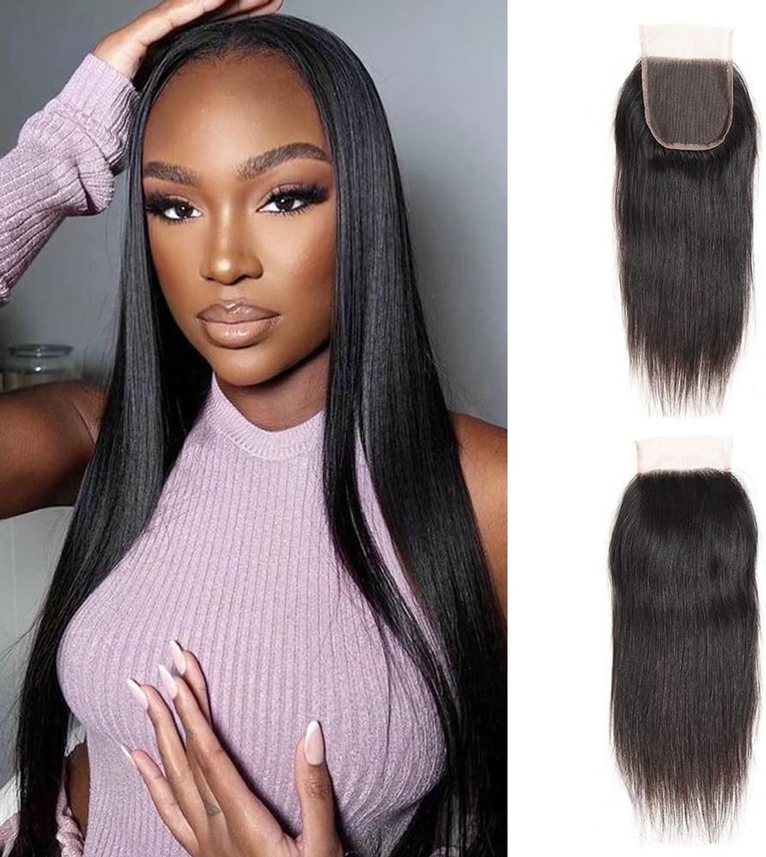 4x4 Lace Frontal Closure Brazilian Weaving Lot Virgin Menselijk Haar Steil 100% Natural Human Hair Free Part Lace Frontal Human Hair Extension Natural Black(12 Inches/30 cm)
