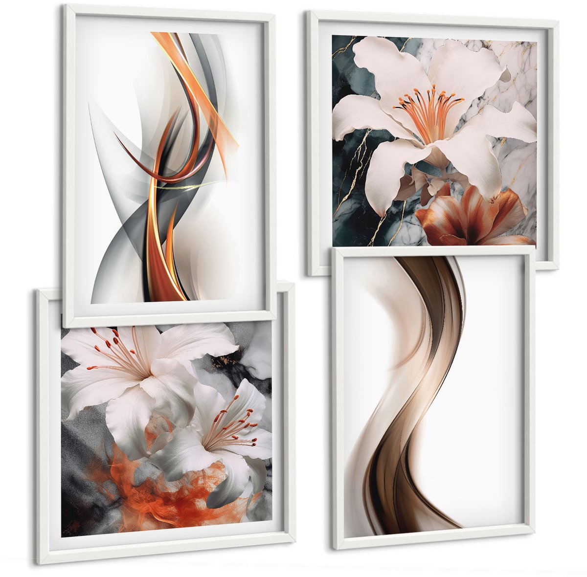 Coloray 4-Delige Schilderij Set - Golven In Tinten Geel, Grijs En Bruin. - 40 x 40 En 40 x 60 - Wanddecoratie - Schilderijen Set - Interieur - Muurdecoratie