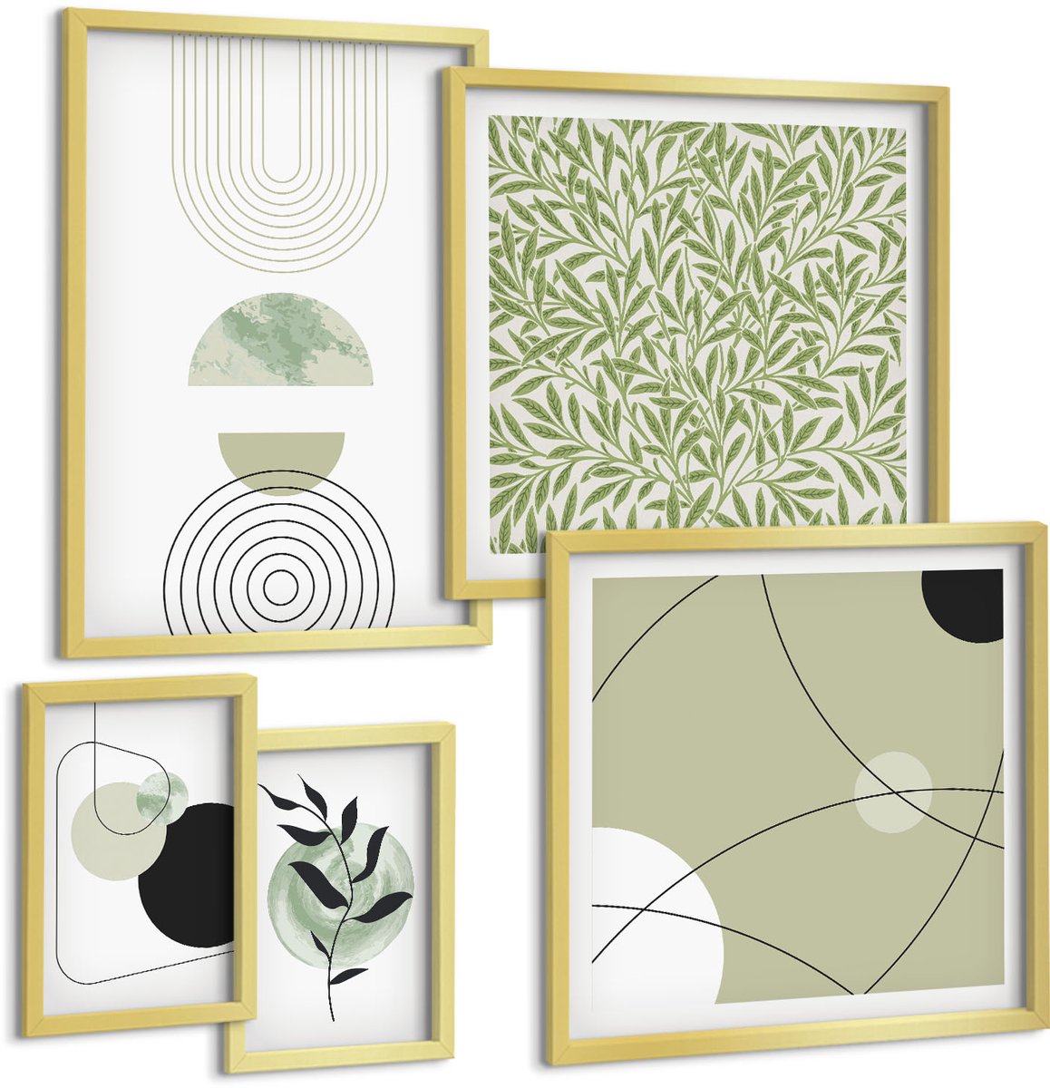 Coloray 5-Delige Schilderij Set - Abstracte Composities Met Plantmotieven En -Vormen - 50 x 50 cm, 20 x 30 cm En 40 x 60 cm - Wanddecoratie - Muurdecoratie - Woonkamer - Moderne Wanddecoratie