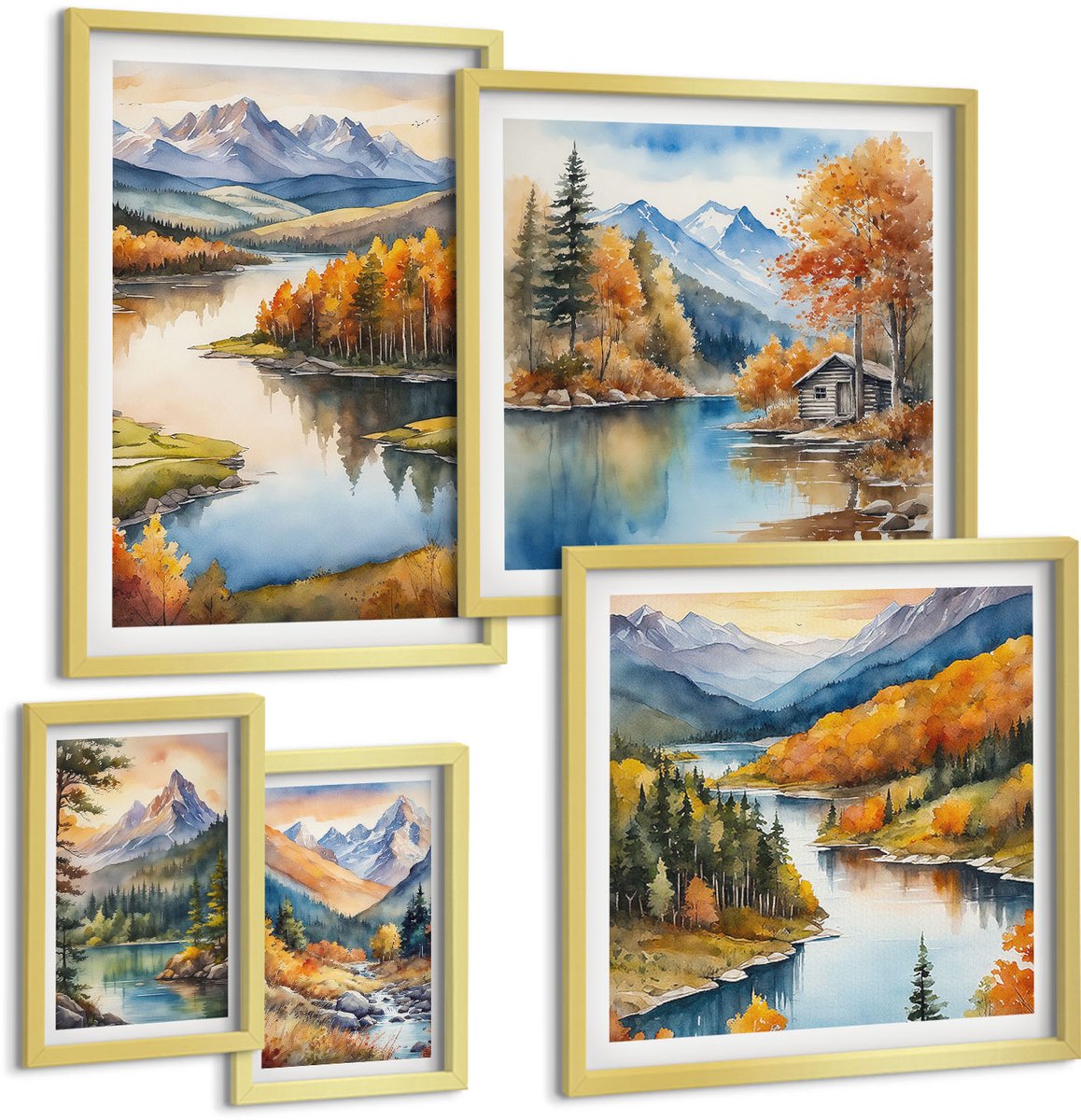 Coloray 5-Delige Schilderij Set - Berglandschappen Met Rivieren En Herfstbomen - 50 x 50 cm, 20 x 30 cm En 40 x 60 cm - Moderne Wanddecoratie - Slaapkamer - Interieur Decoratie
