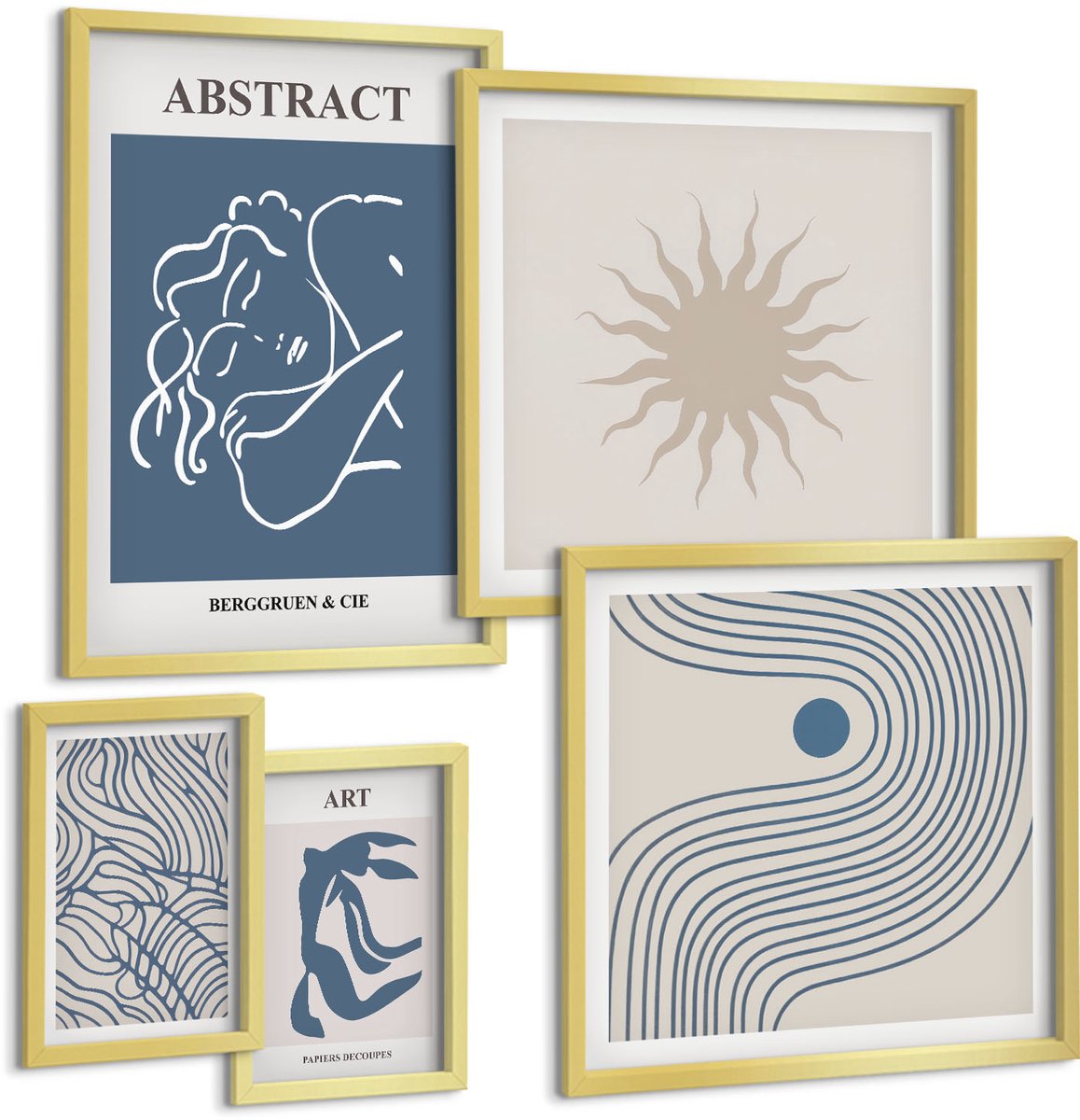 Coloray 5-Delige Schilderij Set - Stijlvolle Abstracties Met Geometrische Vormen En Lijnen - 50 x 50 cm, 20 x 30 cm En 40 x 60 cm - Muurdecoratie - Wanddecoratie - Slaapkamer - Decoratieve Schilderijen