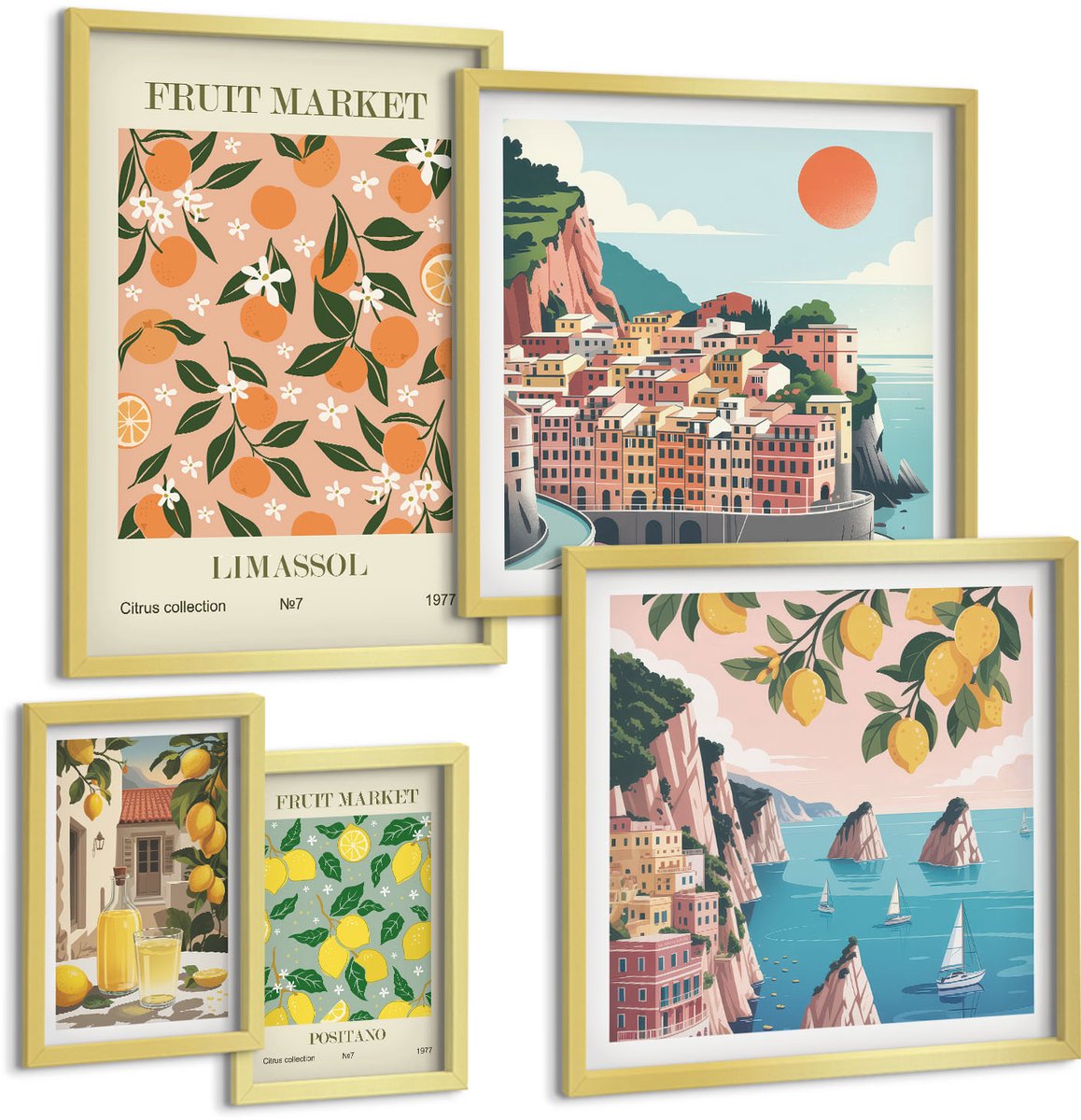 Coloray 5-Delige Schilderij Set - Fruitmarkten En Pittoreske Kustlandschappen - 50 x 50 cm, 20 x 30 cm En 40 x 60 cm - Stijlvolle Muurdecoratie - Slaapkamer