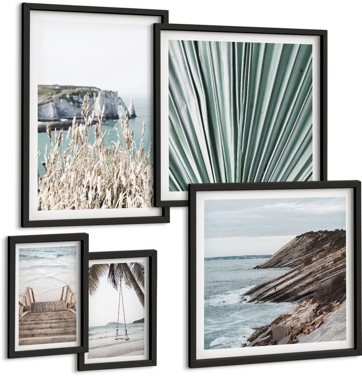 Coloray 5-Delige Schilderij Set - Kustlandschappen Met Stranden En Tropische Vegetatie - 50 x 50 cm, 20 x 30 cm En 40 x 60 cm - Wanddecoratie - Muurdecoratie - Moderne Interieurdecoratie - Stijlvolle Muurdecoratie