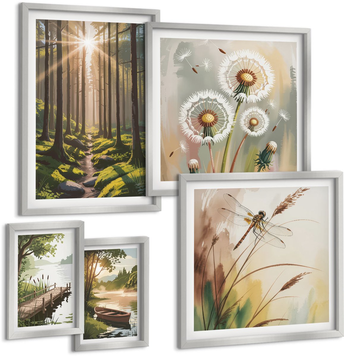 Coloray 5-Delige Schilderij Set - Rustig Meer, Bos En Boot In De Ochtendmist - 20 x 30 cm - Wanddecoratie - Schilderijen Set - Interieur - Stijlvolle Muurdecoratie