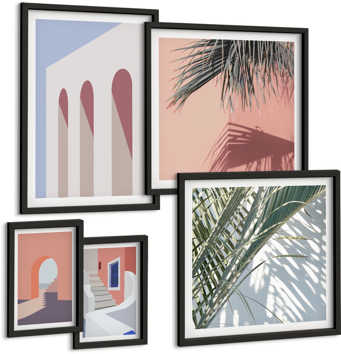 Coloray 5-Delige Schilderij Set - Illustraties Van Stedelijke Architectuur In Minimalistische Stijl - 50 x 50 cm, 20 x 30 cm En 40 x 60 cm - Wanddecoratie - Schilderijen Set - Interieur - Decoratieve Schilderijen