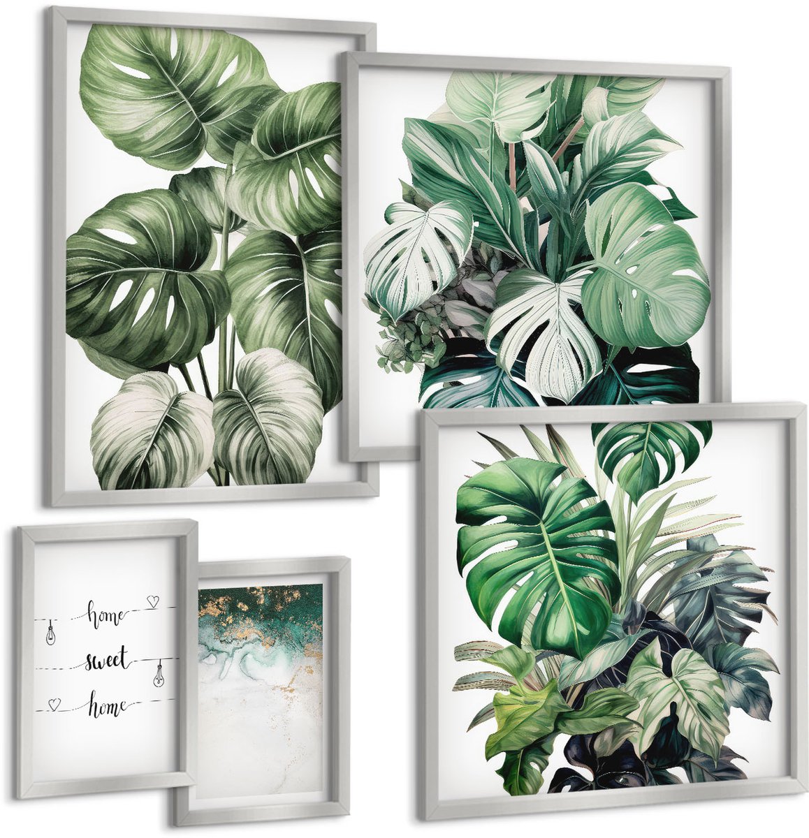 Coloray 5-Delige Schilderij Set - Aquarel Monstera Verlaat Het Fijne Thuis - 20 x 30 cm - Stijlvolle Wanddecoratie - Interieur - Woonkamer Decoratie
