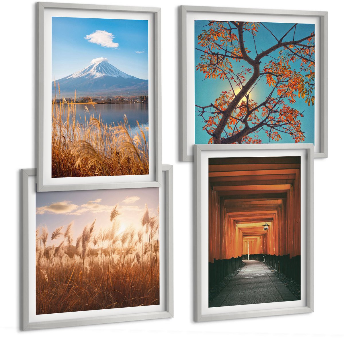 Coloray 4-Delige Schilderij Set - Japanse Landschappen, Natuur En Architectuur Van Azië - 40 x 40 cm En 40 x 60 cm - Wanddecoratie - Woonkamer Decoratie - Decoratieve Schilderijen