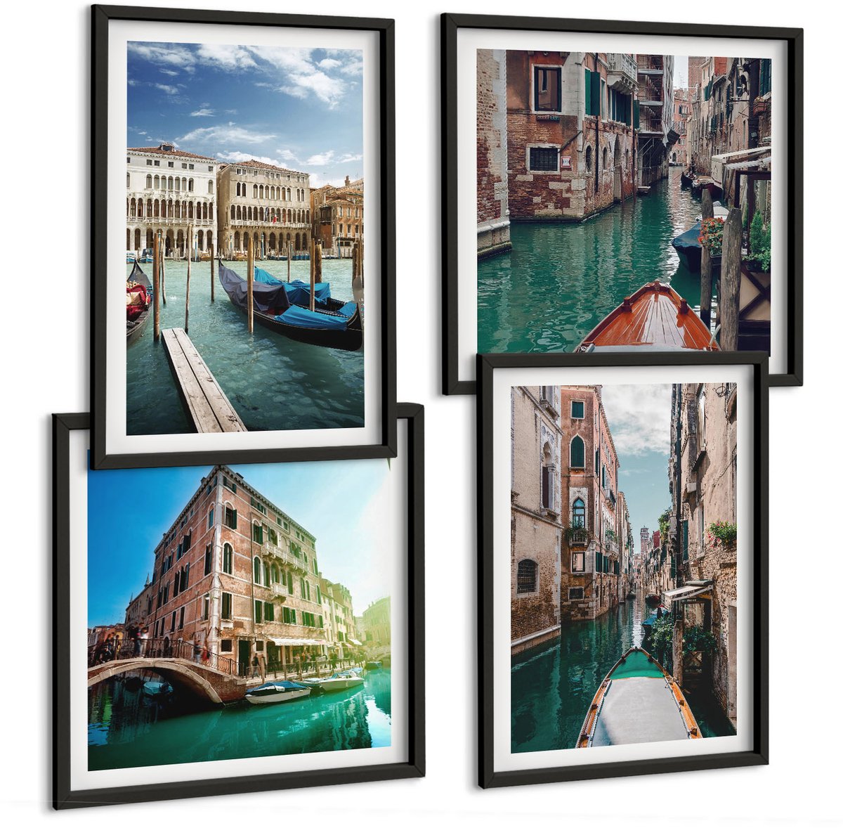 Coloray 4-Delige Schilderij Set - Uitzichten Op Venetië Met Kanalen En Stedelijke Architectuur. - 40 x 40 cm En 40 x 60 cm - Stijlvolle Muurdecoratie - Slaapkamer - Moderne Wanddecoratie Zwarte lijst