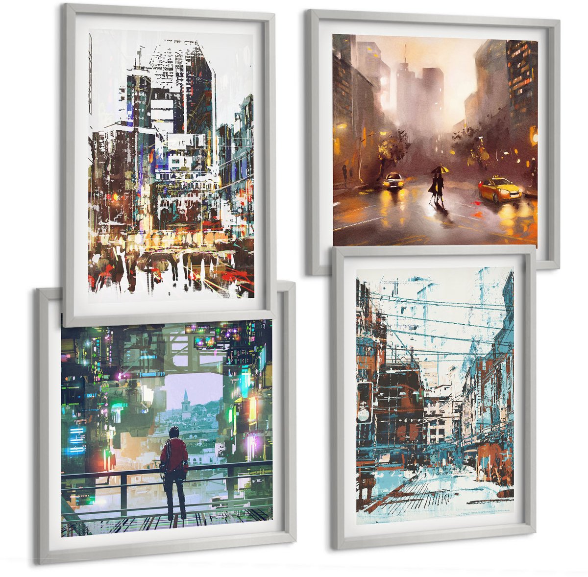 Coloray 4-Delige Schilderij Set - Moderne Steden In Kleur Met Een Figuur Op De Achtergrond - 40 x 40 cm En 40 x 60 cm - Wanddecoratie - Moderne Interieurdecoratie - Muurdecoratie