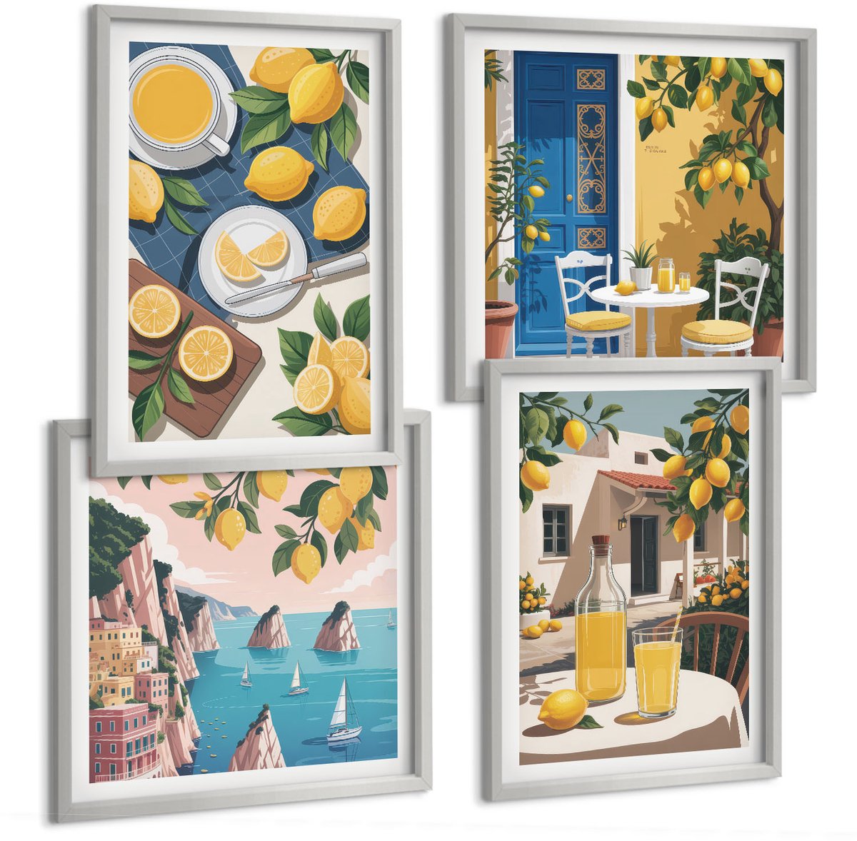 Coloray 4-Delige Schilderij Set - Lemonade, Italiaans Uitzicht En Een Zonnig Terras - 40 x 40 cm En 40 x 60 cm - Wanddecoratie - Schilderijen Set - Kantoor - Interieur Decoratie