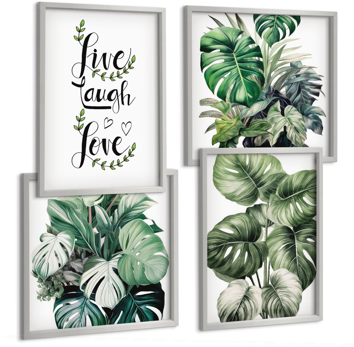 Coloray 4-Delige Schilderij Set - Bladrijke Planten Met De Woorden Leef, Lach, Houd Van - 40 x 40 cm En 40 x 60 cm - Decoratieve Schilderijen - Wanddecoratie - Hal - Stijlvolle Muurdecoratie
