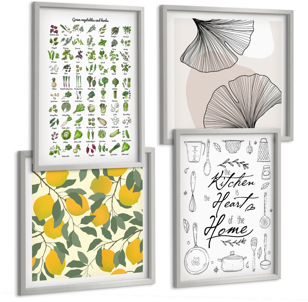 Coloray 4-Delige Schilderij Set - Lijst Met Keukenkruiden, Belettering En Beschilderde Citroenen - 40 x 40 cm En 40 x 60 cm - Wanddecoratie - Muurdecoratie - Moderne Interieurdecoratie