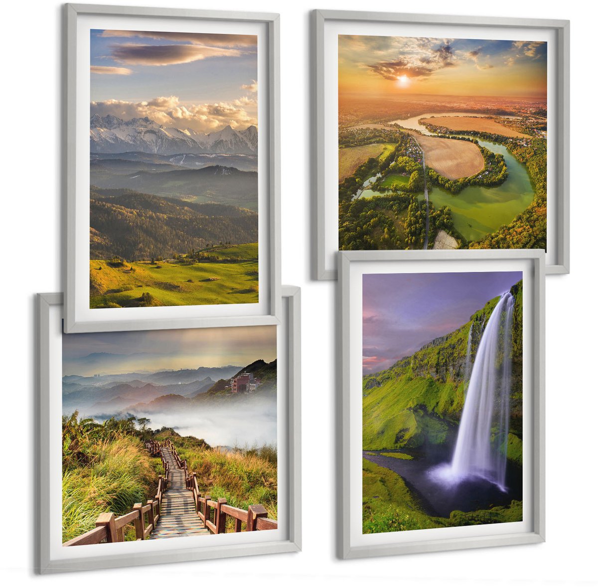 Coloray 4-Delige Schilderij Set - Uitzicht Op Een Bergrivier En Waterval In De Natuur. - 40 x 40 cm En 40 x 60 cm - Muurdecoratie - Wanddecoratie - Slaapkamer - Moderne Wanddecoratie