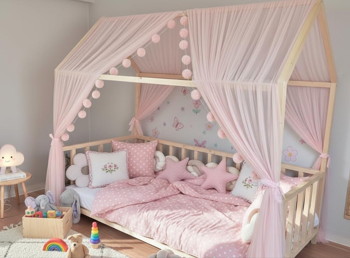 Fancyroom Huisbed hemel bedhemel roze voor kinderbed kinderkamer baldakijn bedgordijn bedhemel voor meisjes prinsessenkamer (Hemel roze met 5 gouden vlinders, 340cm)