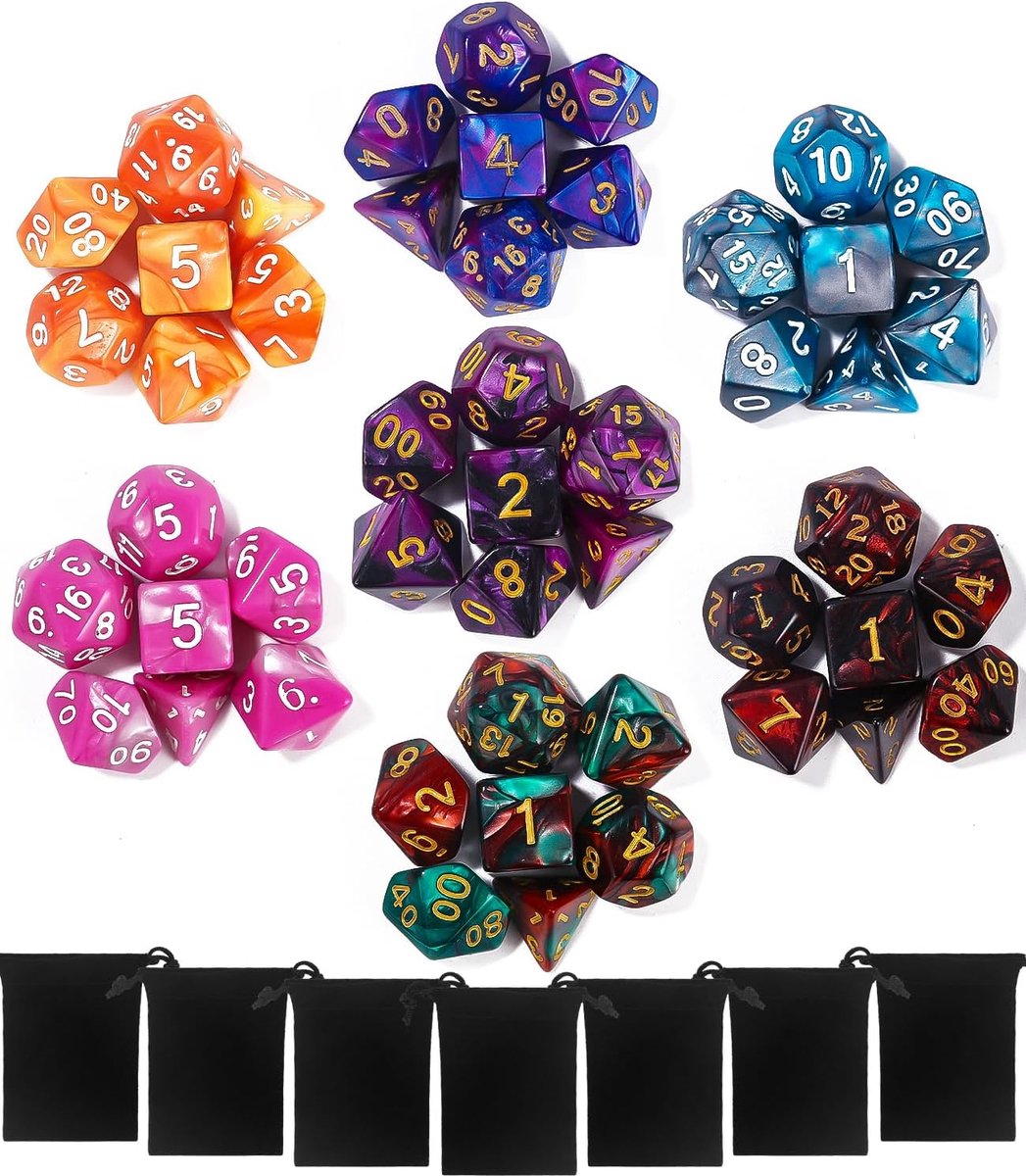 Dobbelstenen Set - 7 x 7 Sets 49 Stuks Sveelvlakspel met Trekkoord Zakken voor Dungeons&Dragons RPG MTG DND Tafelspel D4 D8 D10 D12 D20