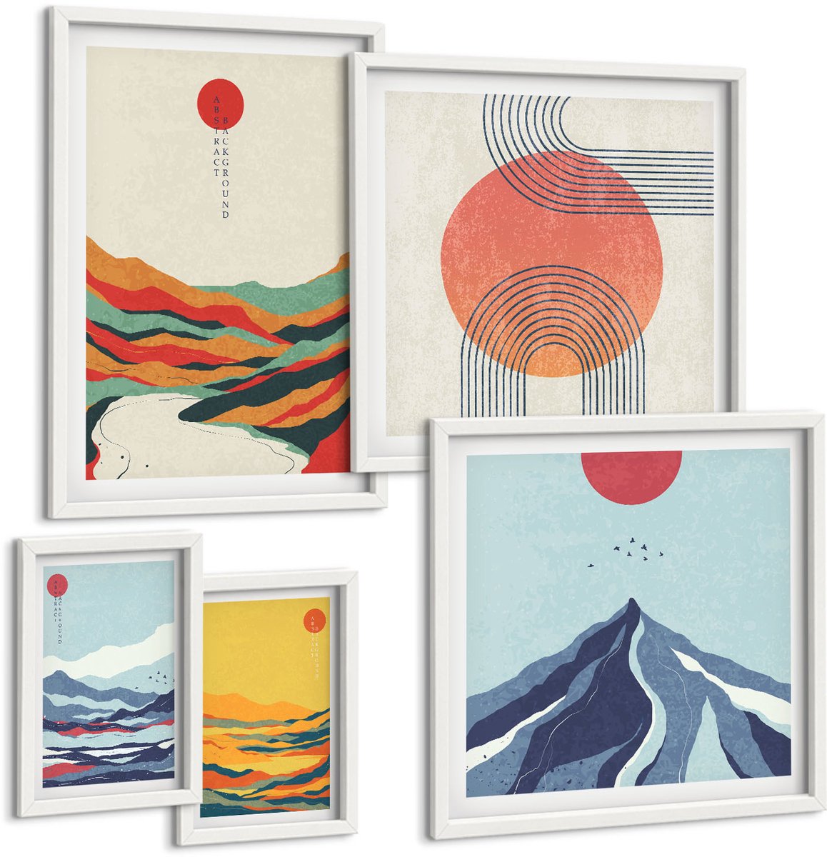 Coloray 5-Delige Schilderij Set - Abstracte Berglandschappen Met Geometrische Vormen - 50 x 50 cm, 20 x 30 cm En 40 x 60 cm - Decoratieve Schilderijen - Woonkamer - Interieur - Moderne Wanddecoratie