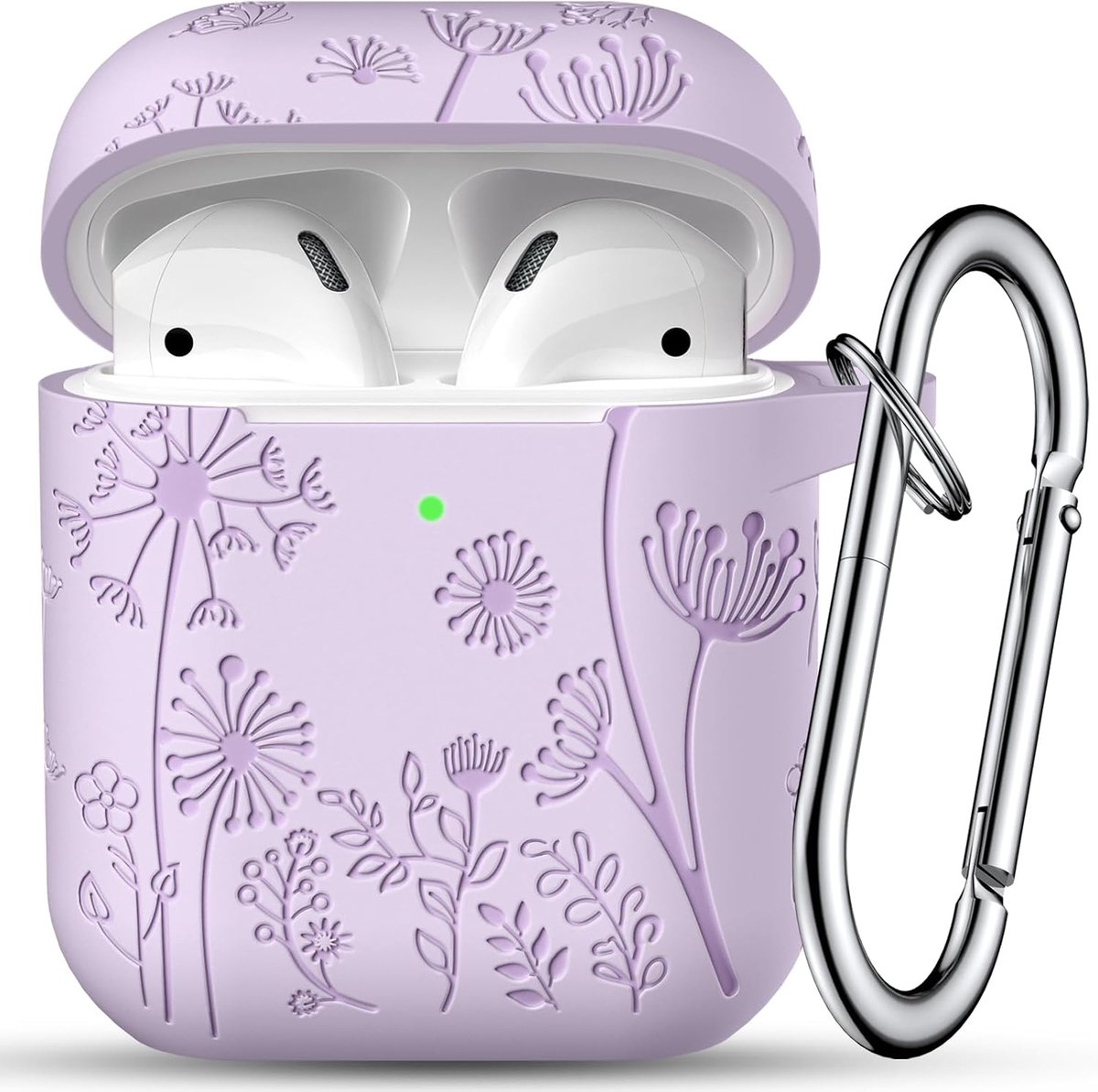 Hoesje met bloemengravure, compatibel met AirPods-hoes, schattige zachte siliconen schokbestendige beschermhoes voor Airpods 2e en 1e generatie hoesje met karabijnhaak [LED zichtbaar] voor