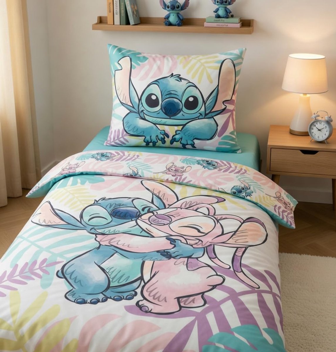 & Stitch Meisje 1-Persoons Dekbedovertrek 135x200 Tropisch 100% Katoen | Omkeerbaar beddengoed | Eenpersoons | 100% Katoen Oeko-Tex | Stitch Angel | Cadeau idee | Officiële licentie