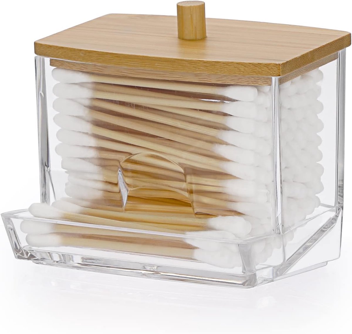Wattenstaafjes doos kleine kaptafel organizer L-vormig | Oorstaafjeshouder met bamboedeksel, transparante opbergdoos voor badkamer, slaapkamer, wastafel (duurzaam licht)