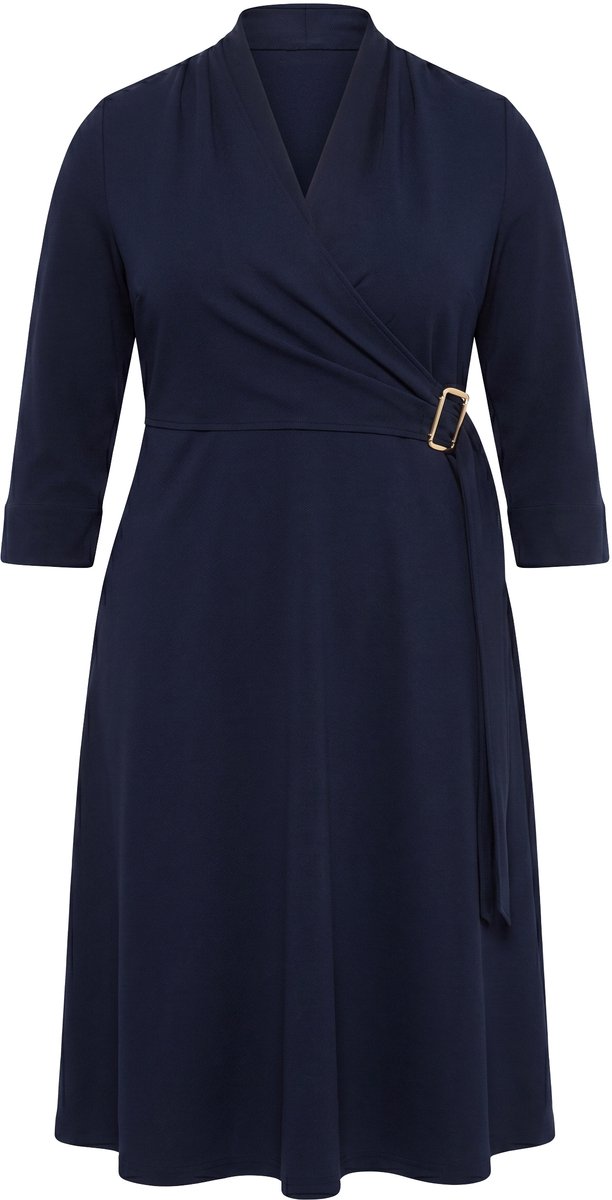 Ulla Popken - Dames - Midi-jurk wikkellook A-lijn V-hals 3/4 mouwen - Donkermarine - Maat 58+