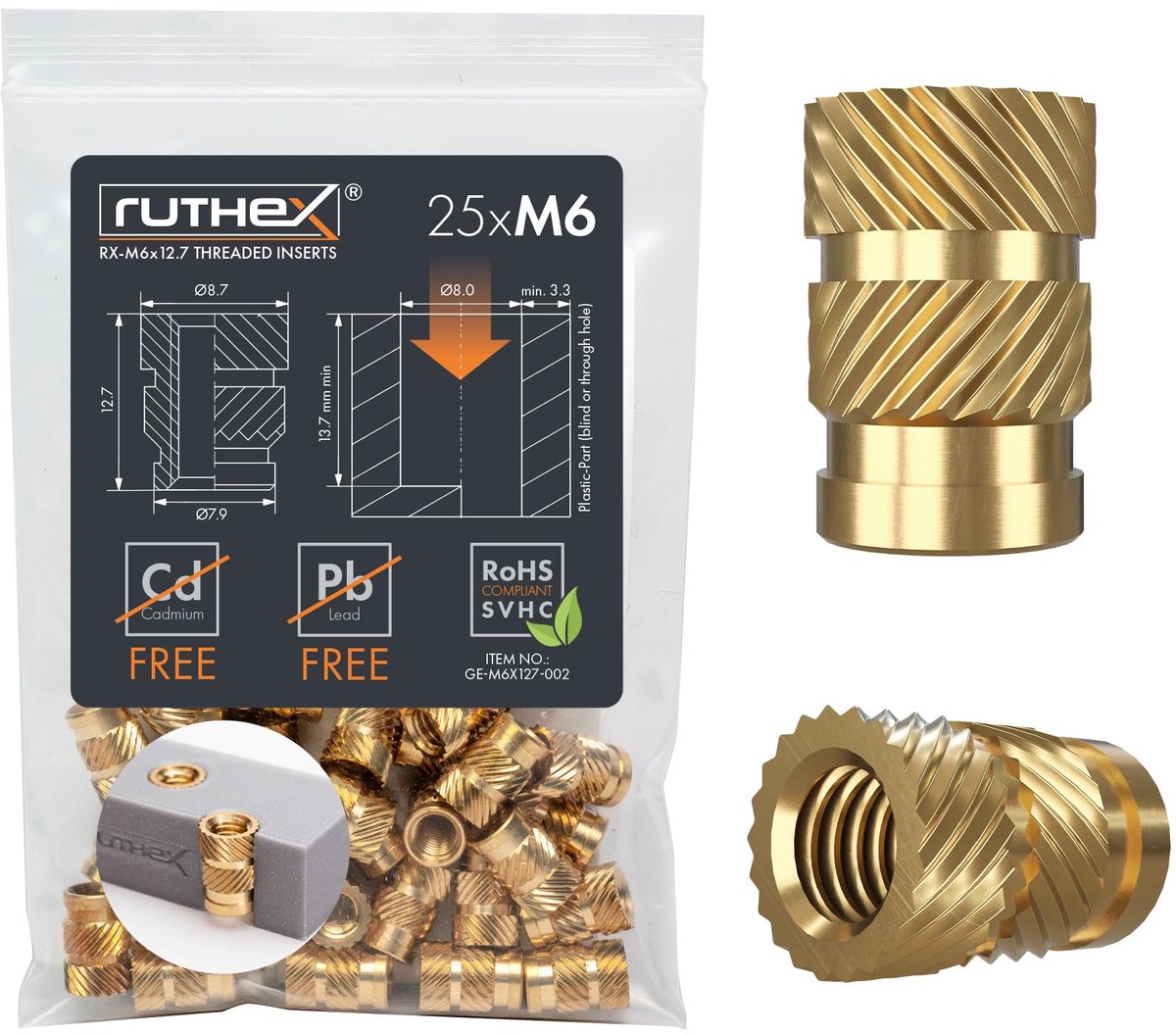 ruthex Schroefdraadinzet, M6, 25 stuks RX-M6 x 12,7 schroefdraadbussen van messing, stabiele inpersmoeren voor - ShopVlot