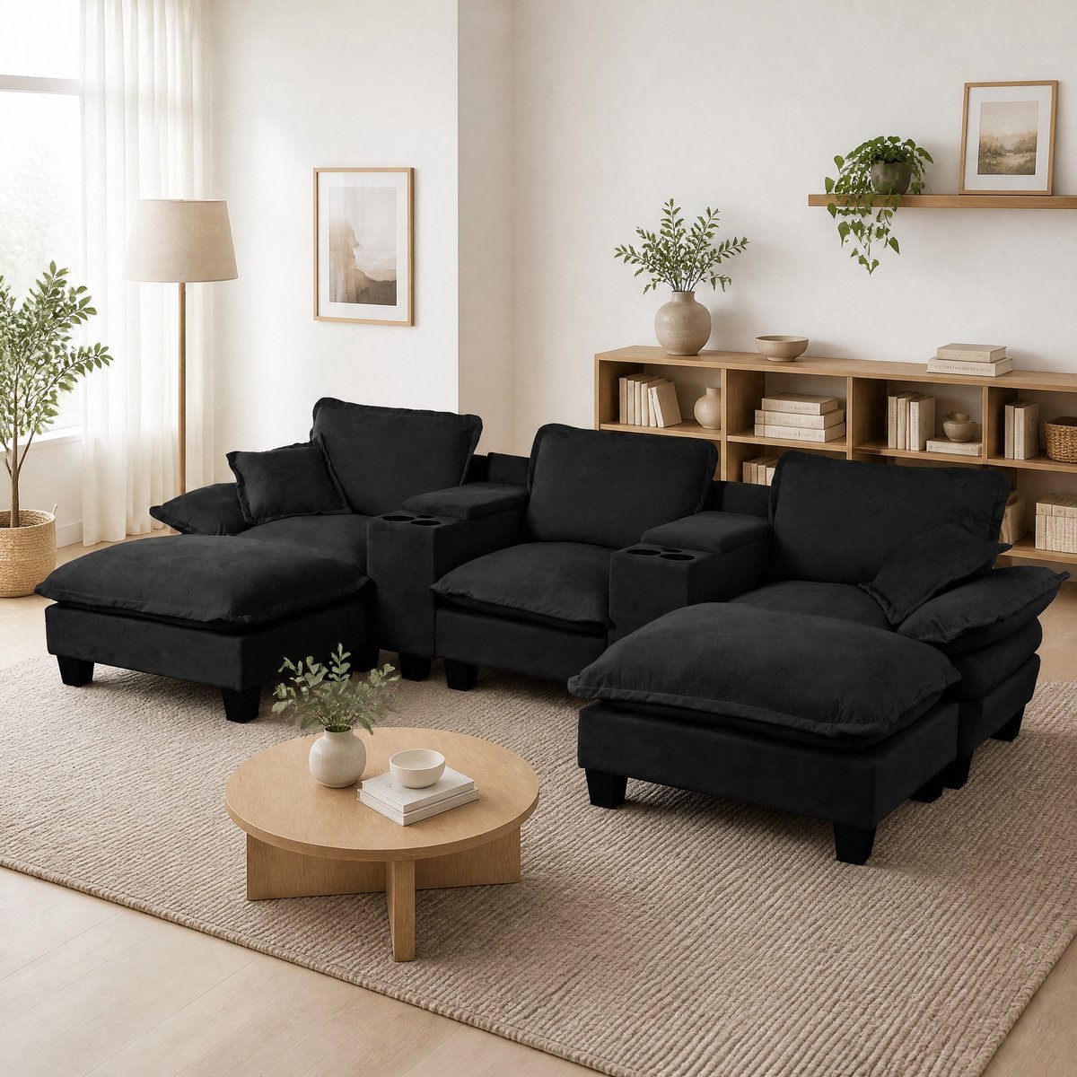 REDOM - U-bank - Modulaire opstelling - Met opbergruimte en bekerhouders - USB-aansluiting en 2 ottomanen - Woonkamer of appartement - Chenille - Zwart - 324 x 155 x 90 cm