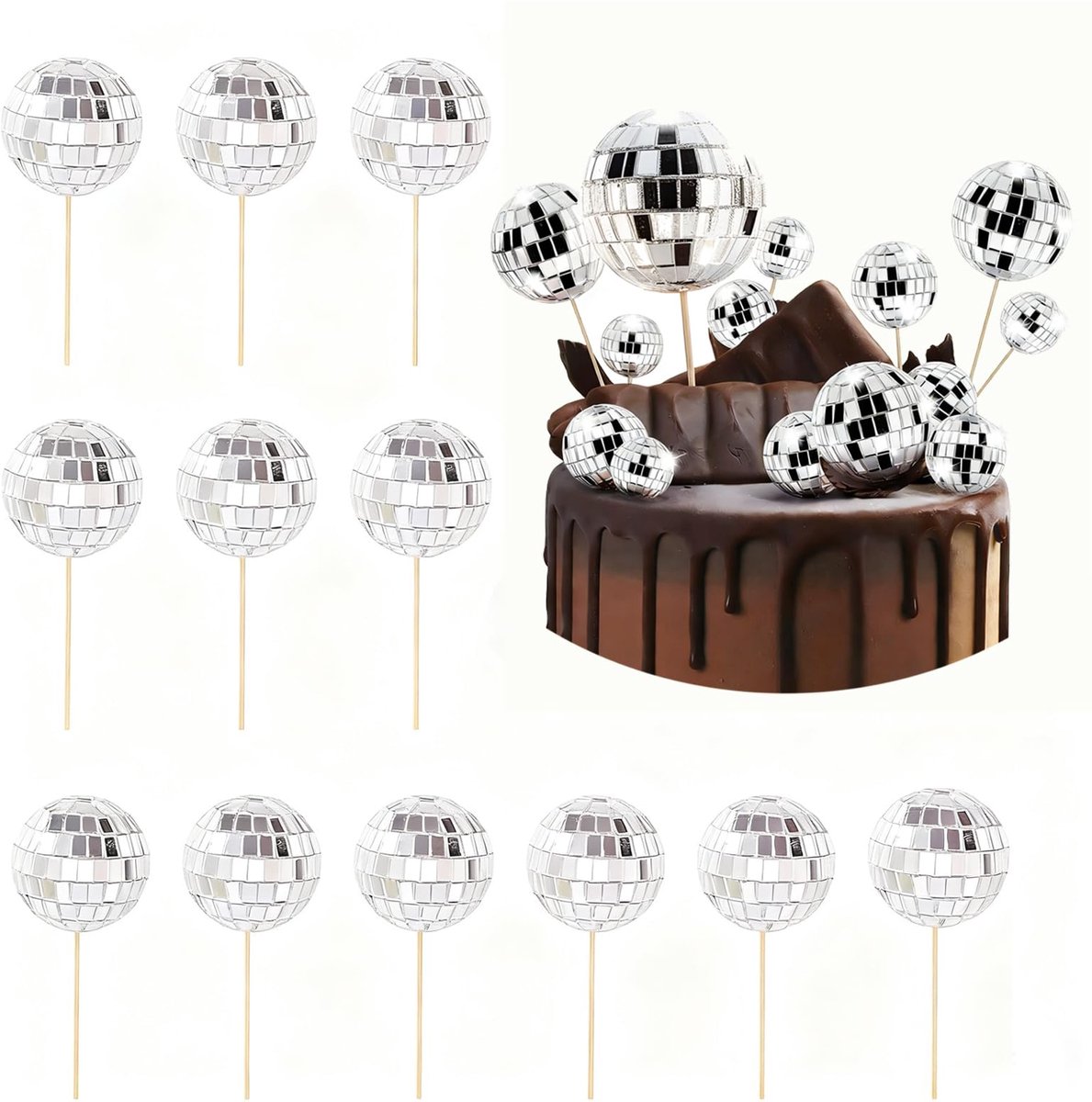 Mini Disco Ballen Cake Toppers, 12 Stuks Disco Ball Cake Decoraties met Bamboe Sticks Spiegel Disco Ball Cake Toppers - ShopVlot